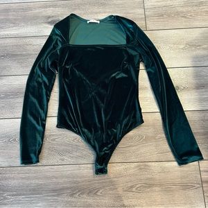 Women’s Blue Blush Velvet Bodysuit Square Neck Long Sleeves - Green. Large